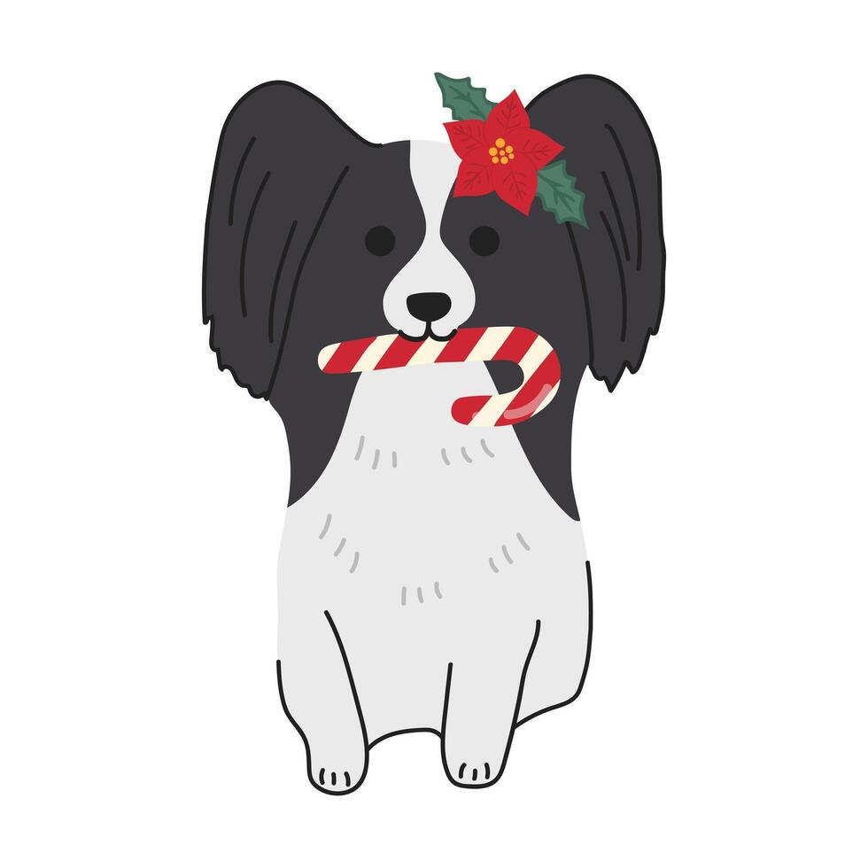 Christmas Papillon in hand drawn style. Merry Christmas illustration of cute pet with accessory.  Flat vector illustration isolated on white background