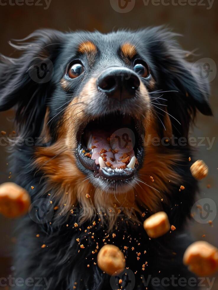 AI generated Dog is jumping to catch treat. A large dog catches one piece of food photo