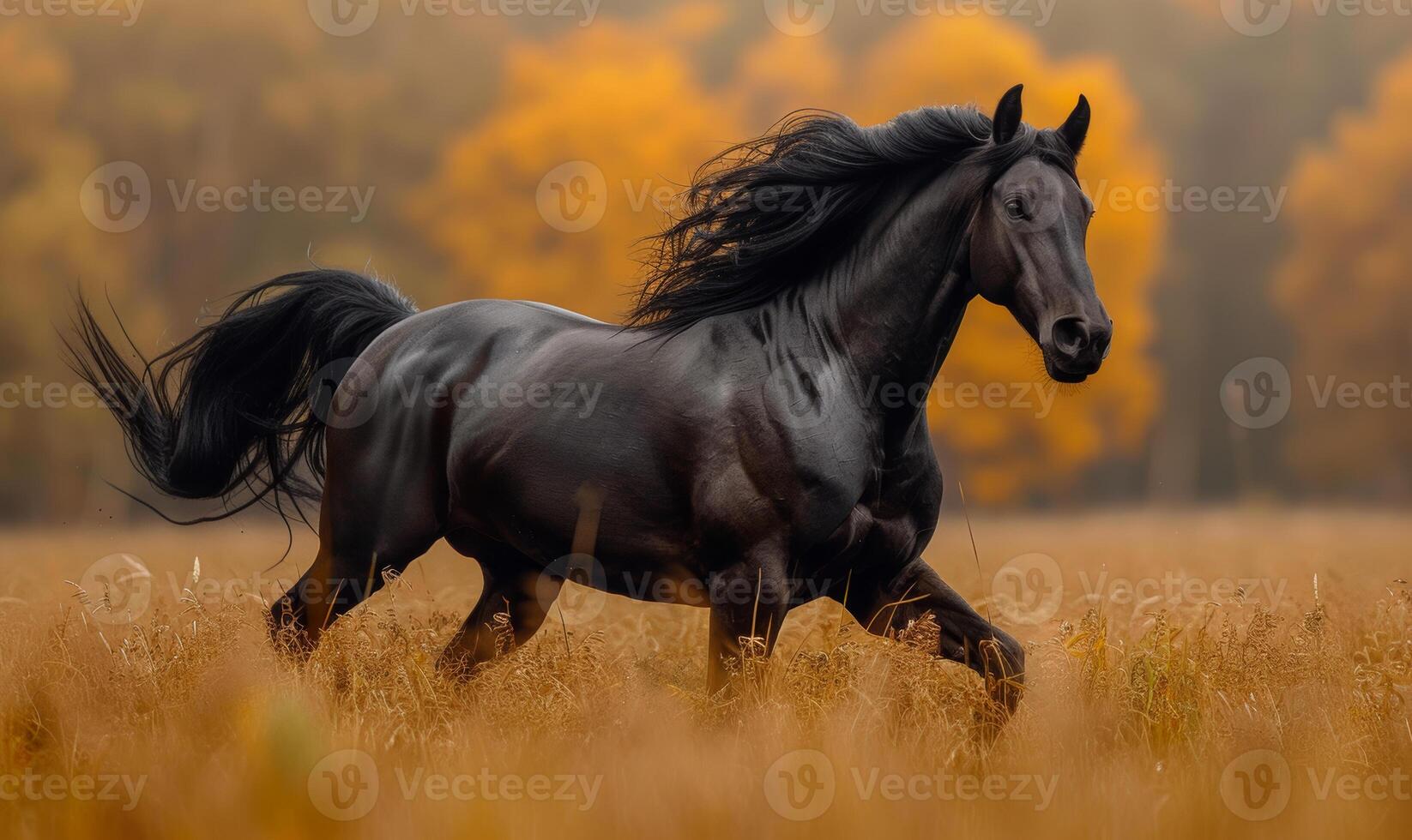 ai generado negro frisón caballo carreras galope en el arboles antecedentes en otoño foto