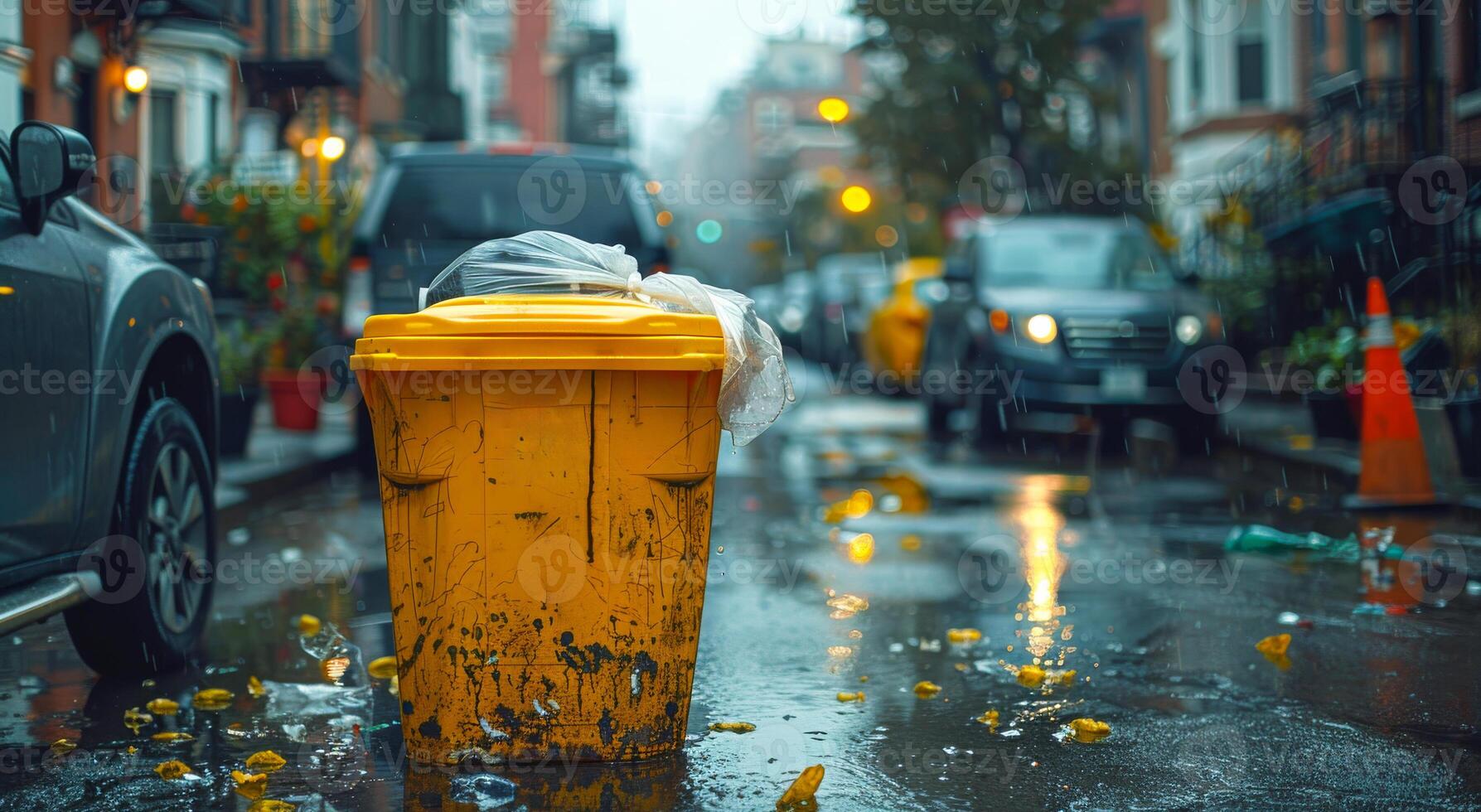 AI generated Yellow trash can and garbage bags on the street after rain photo