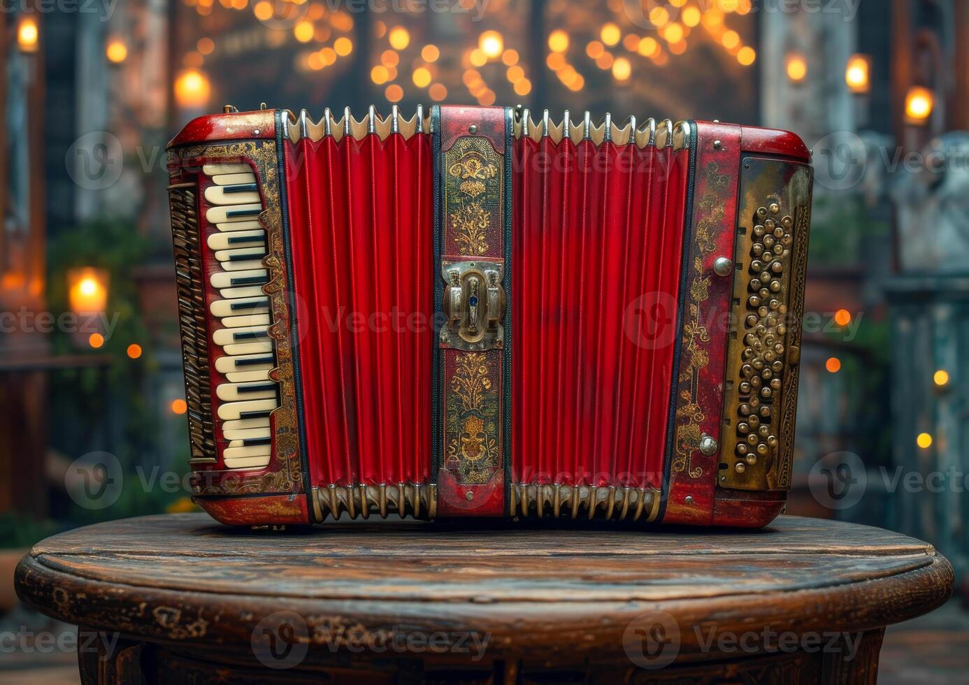 AI generated Red accordion on wooden table in the street photo