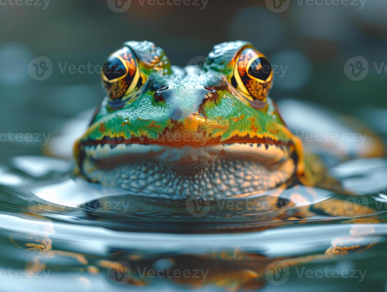 AI generated Frog peeking out of the water. A green frog swimming in the water photo