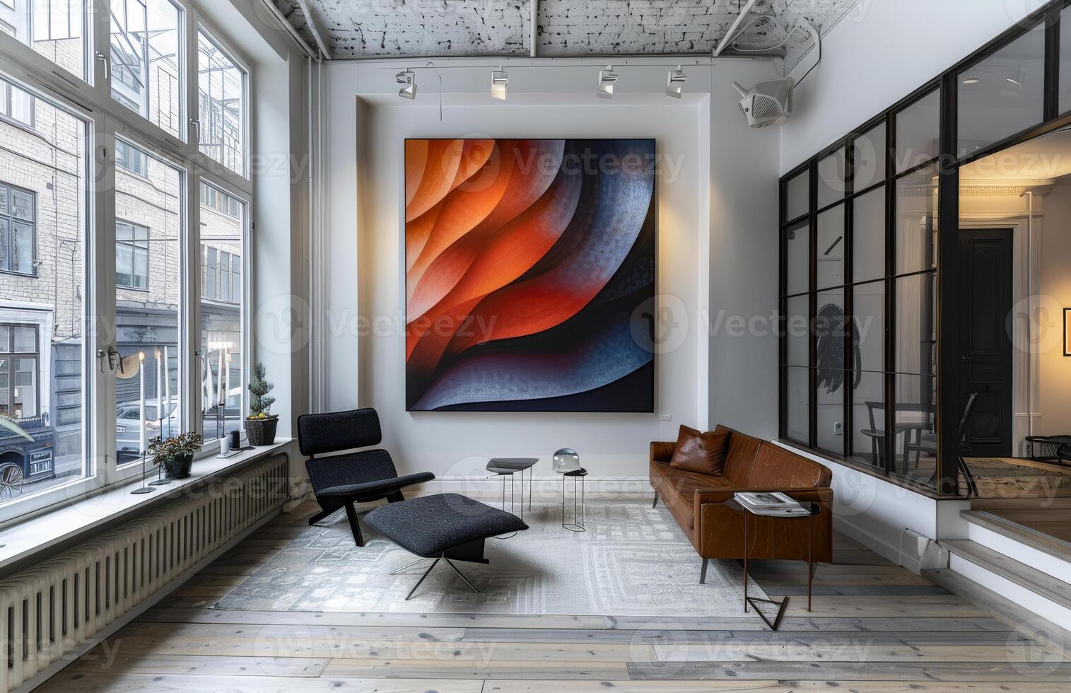 AI generated Large abstract painting hangs in the center of room with leather couch and chair in front of it. photo