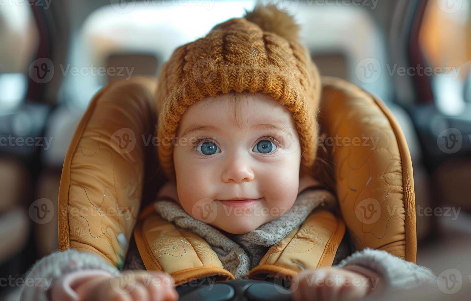 AI generated Cute little beautiful baby girl sitting in the car seat and looking at the camera photo