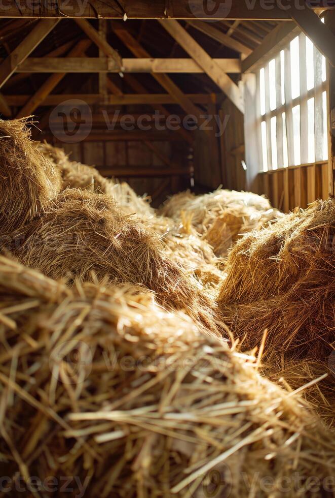 AI generated Hay bales in barn. A pile of hay in the barn photo