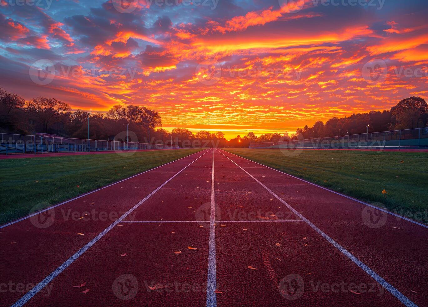 AI generated Track and field at sunset. A sunset on a track at nittany lions football stadium photo