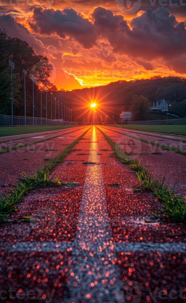 AI generated Track and field at sunset. A sunset on a track at nittany lions football stadium photo