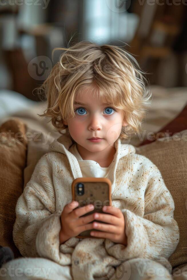 ai generado pequeño niña es sentado en el sofá y jugando con teléfono inteligente a hogar foto