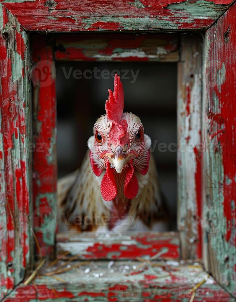AI generated Chicken looks out of window. A white hen looking out the window of a chicken coop photo