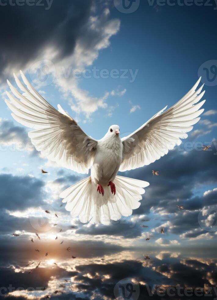 AI generated Dove in the air with wings wide open in-front of the sun photo