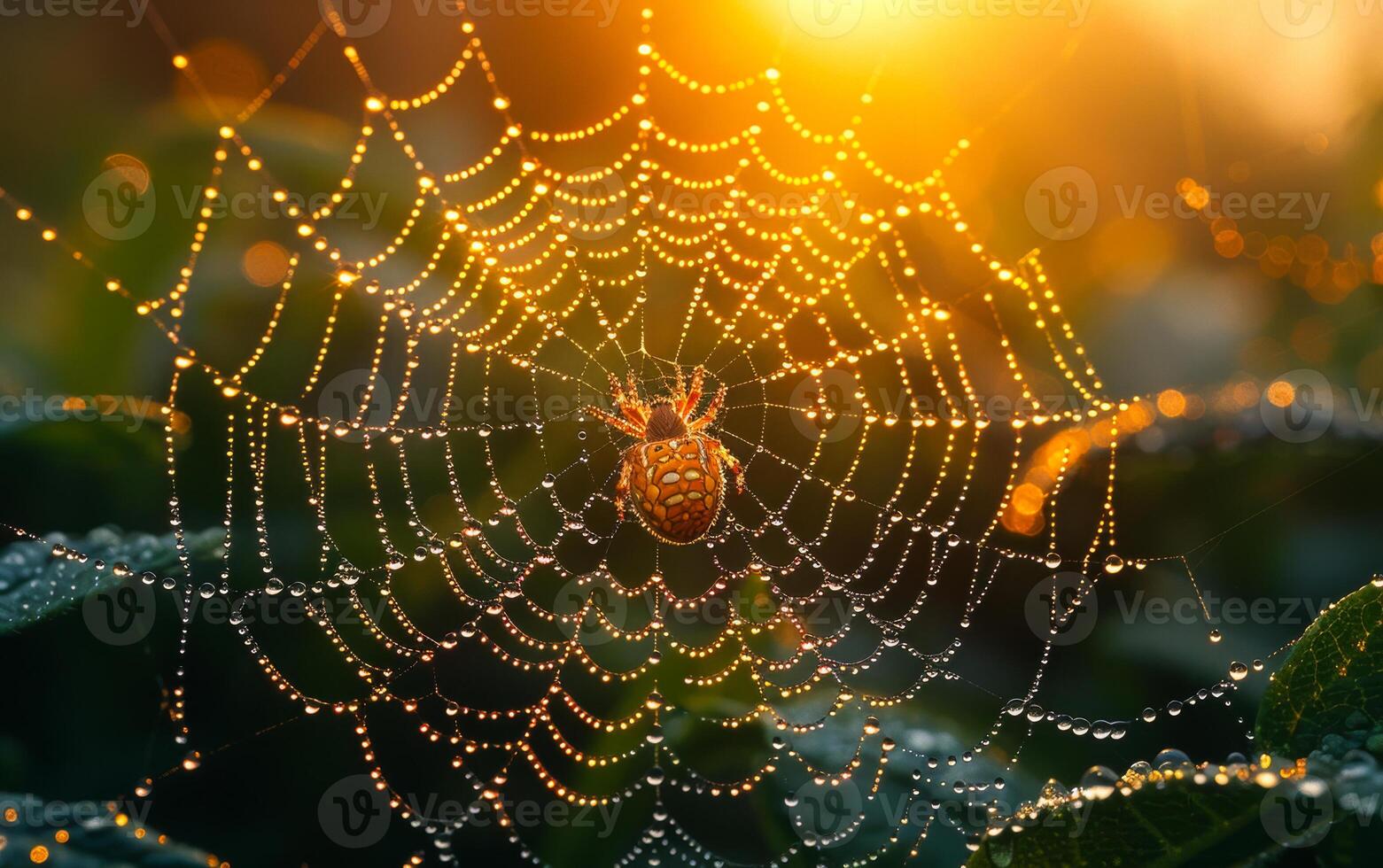 AI generated Spider on the web at sunrise photo