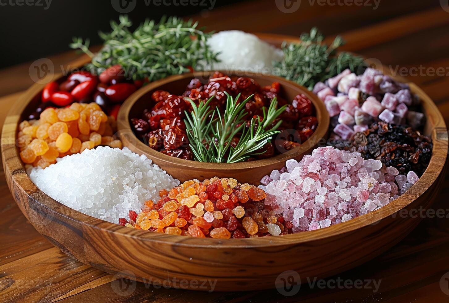 AI generated Wooden bowl filled with variety of spices and herbs photo