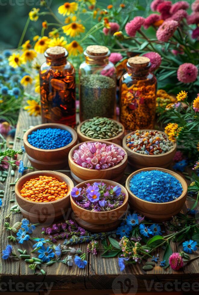 AI generated The natural medicine herbs flowers and old bottles photo