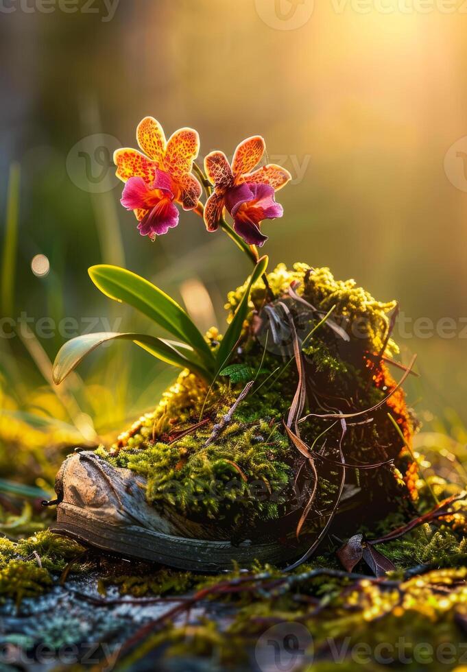 AI generated Orchid in shoe. A photo of an orchid growing out from the top of moss covered shoe