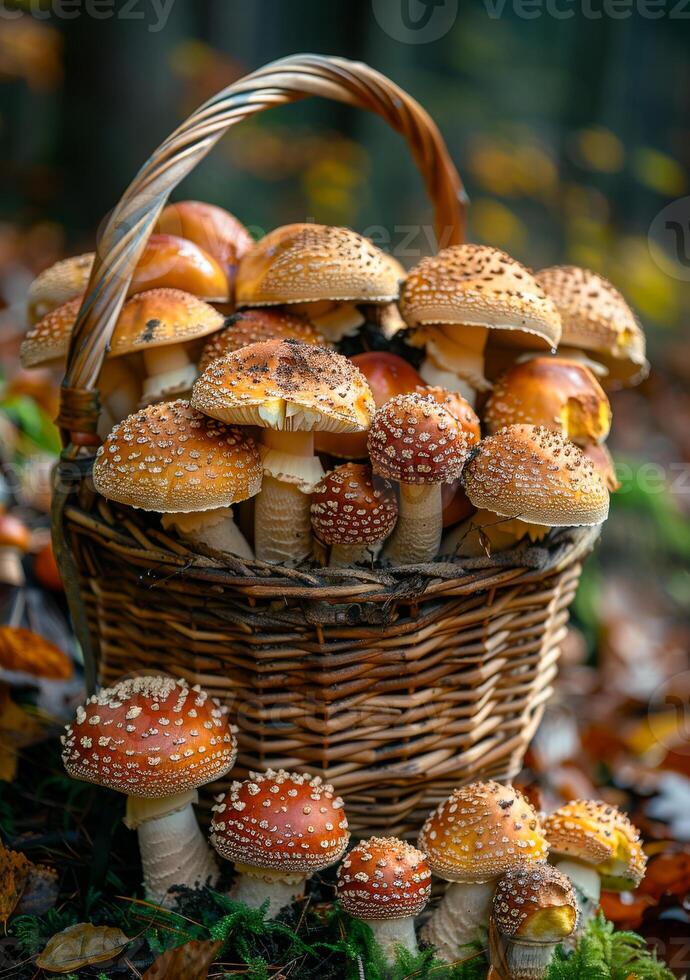 ai generado amanita muscaria hongos en cesta en el bosque foto