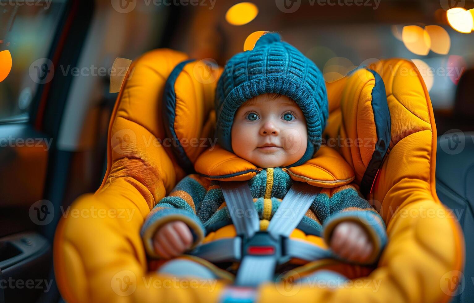AI generated Adorable little boy sitting in the car seat photo