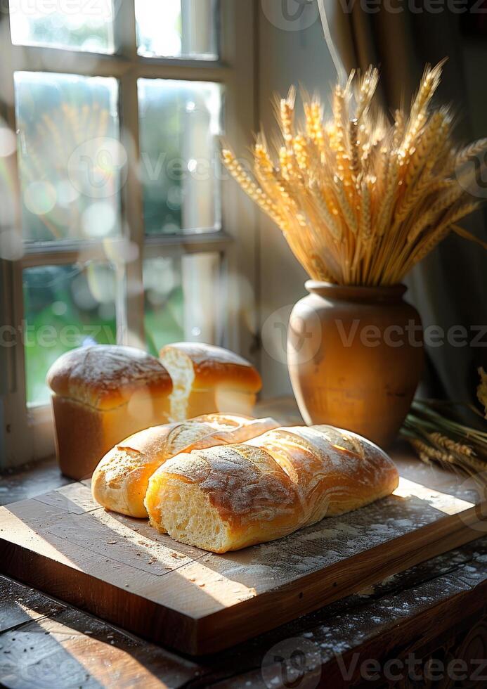 AI generated Three loaves of bread sit on wooden cutting board in front of window. A bread and wheat on a wooden board photo