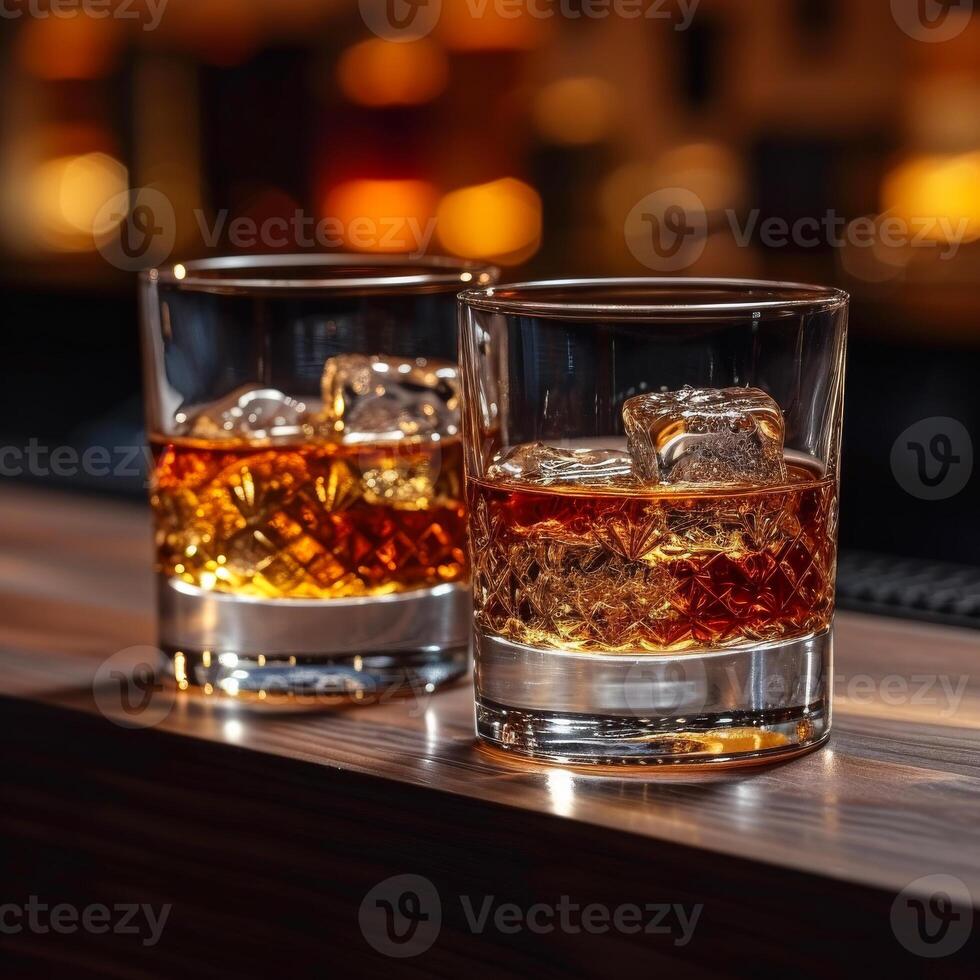 AI generated Two glasses of whiskey with ice cubes on the wooden bar counter photo