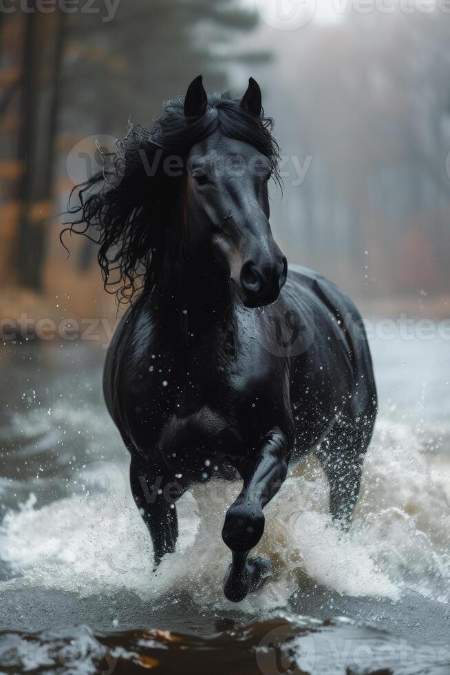ai generado negro frisón caballo carreras galope en el agua foto