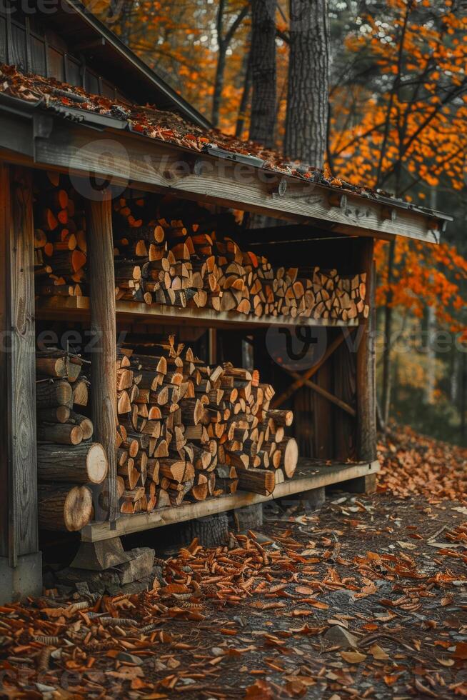 AI generated Firewood stacked in shed in the fall photo