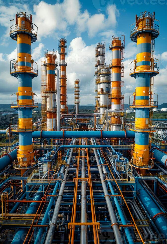 ai generado petróleo refinería fábrica en soleado día. un industrial con grande tubería y estructuras foto