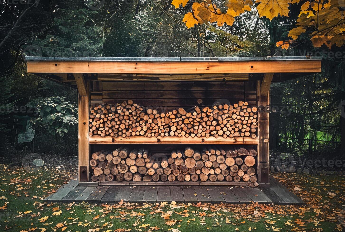 AI generated Wood shed is filled with wood and leaves are falling from the trees. photo