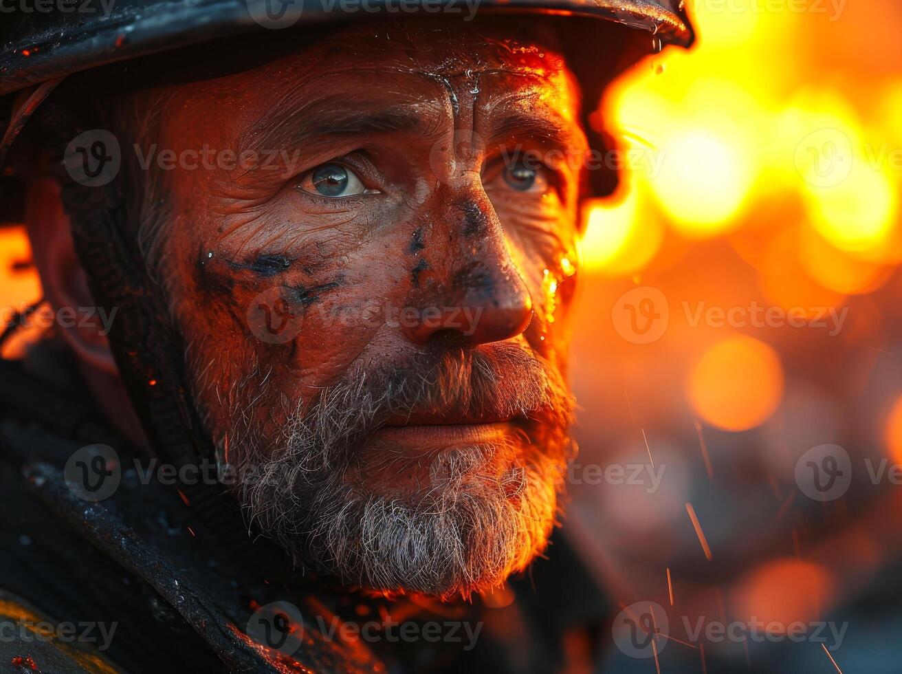 AI generated Oil worker after the fire. A firemen face at sunset photo