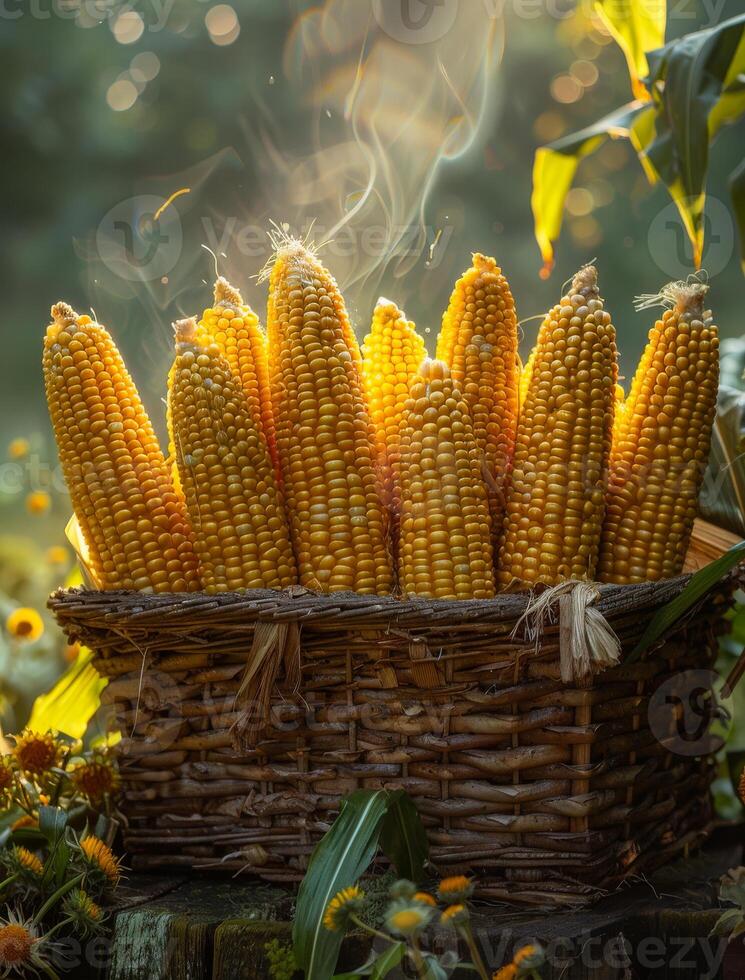 AI generated Corncobs in basket on wooden table in the garden photo