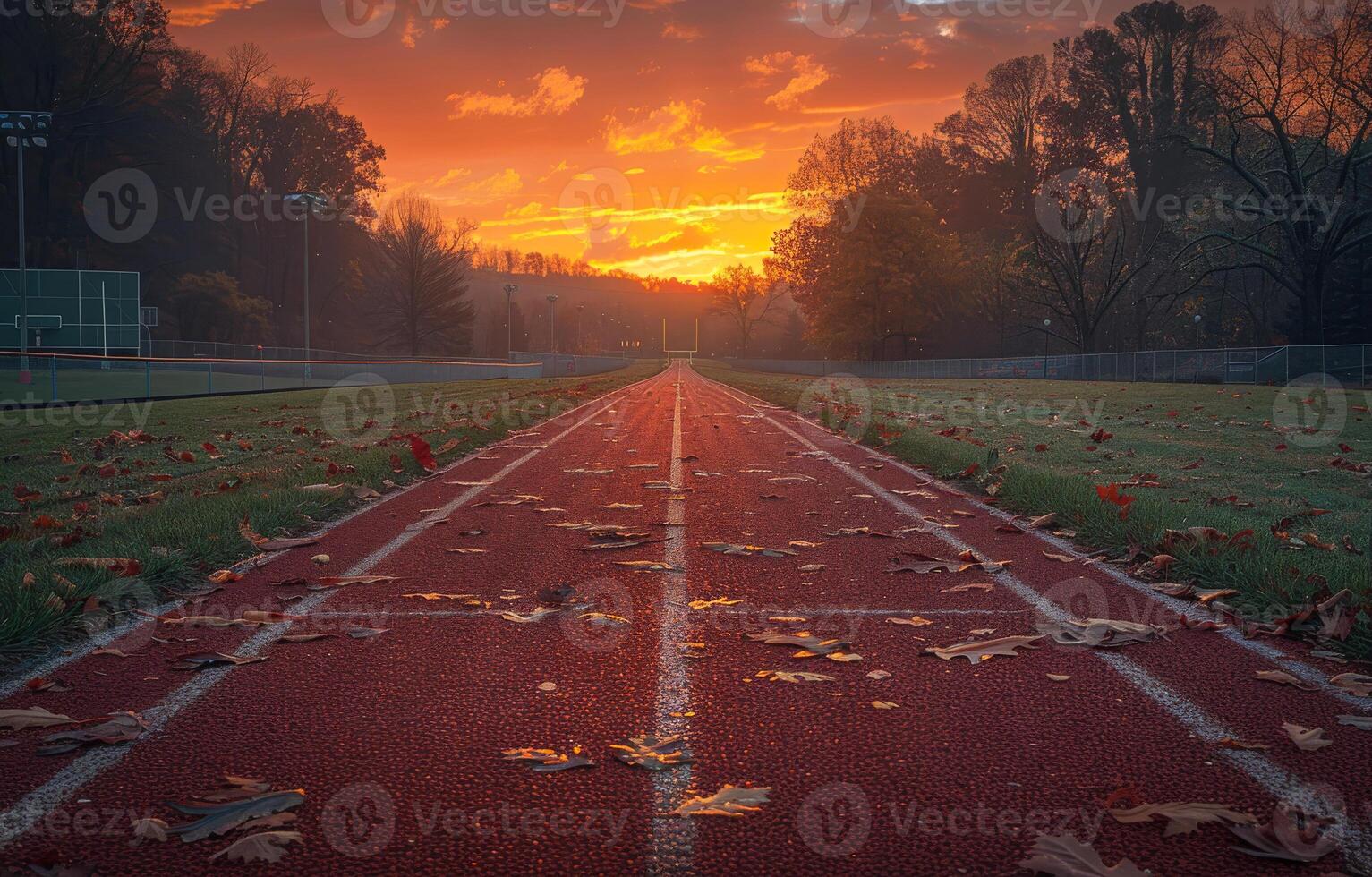 ai generado pista y campo a amanecer. un puesta de sol en un pista a nittany leones fútbol americano estadio foto