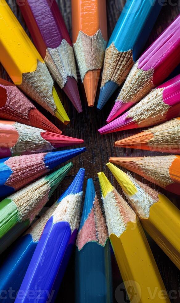 AI generated Colored pencils in circle on wooden background photo