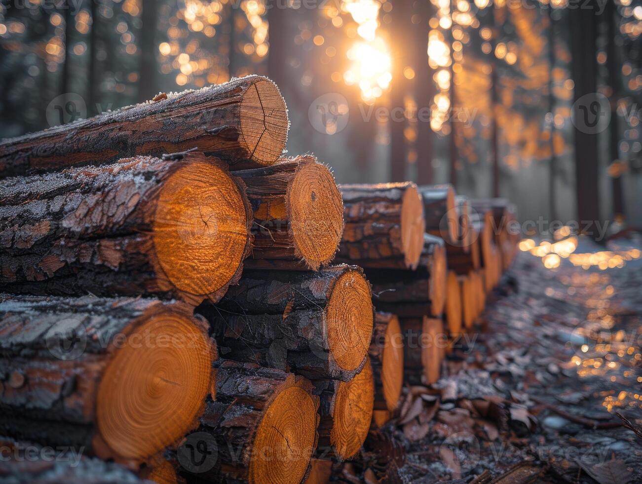 AI generated Logs in the forest. A stack of cut trees in the forest with an app icon overlay photo
