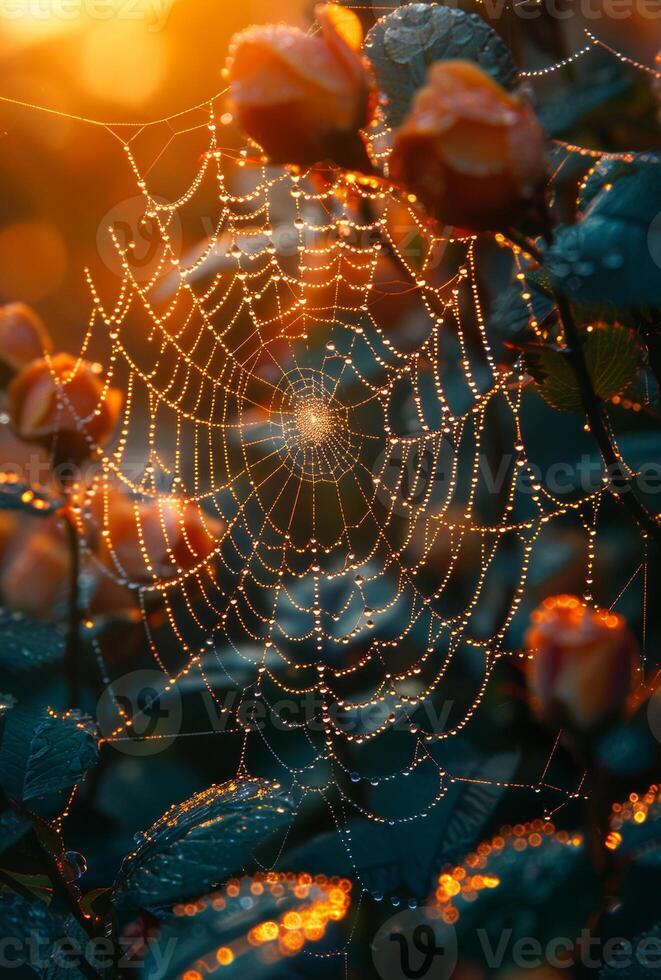 AI generated Spider web with dew drops in the early morning photo