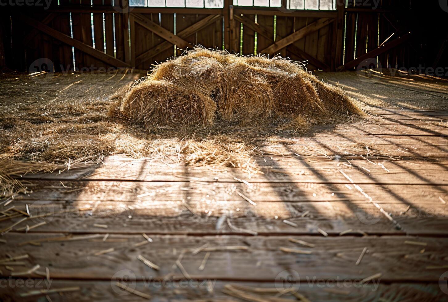 AI generated Hay bales in barn. A pile of hay in the barn photo