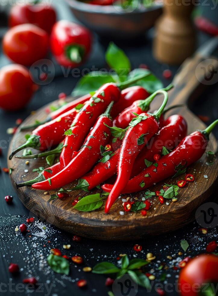 AI generated Red hot chili peppers with fresh basil and coarse salt for use as cooking ingredients photo