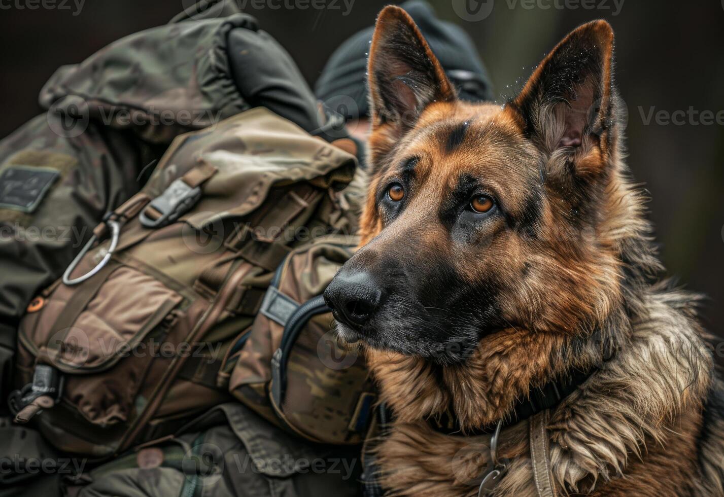 AI generated German shepherd sits next to backpack and soldier in forest photo