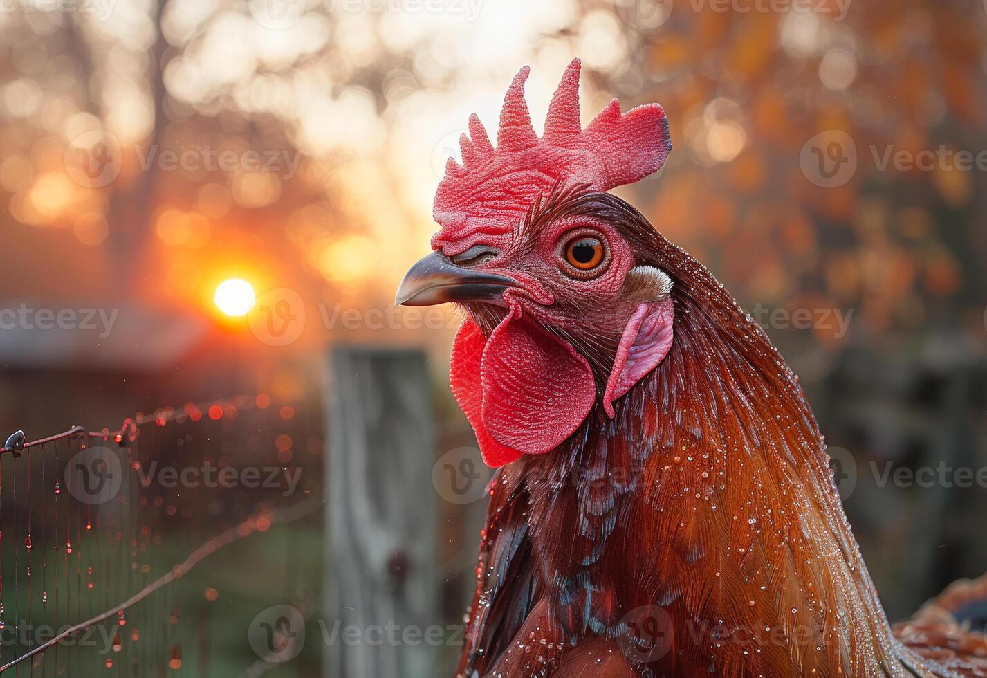 AI generated Rooster standing on fence with the sun rising in the background photo