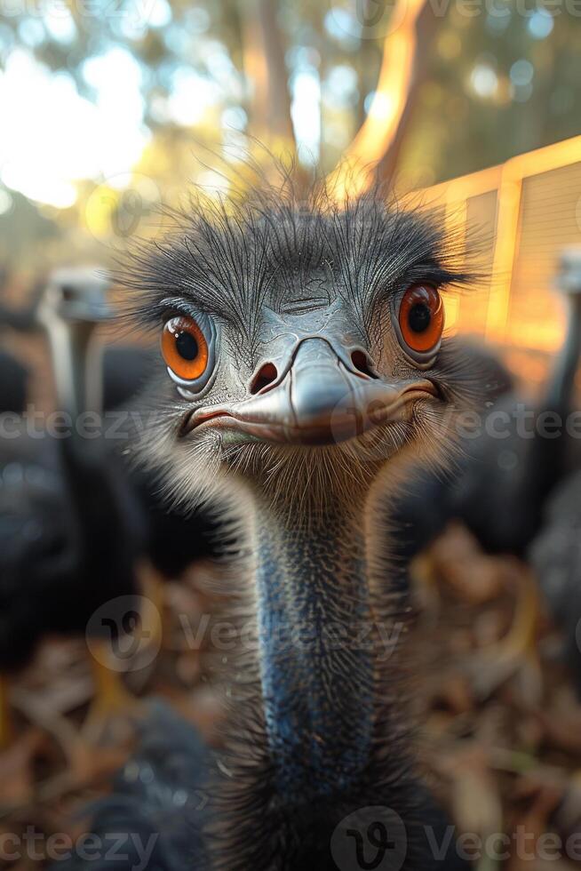 AI generated Emu looks at the camera with its orange eyes wide open. photo