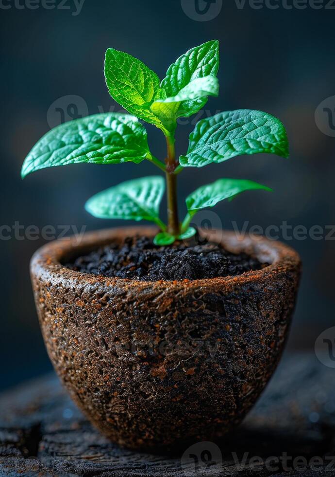 AI generated Young green plant in clay pot. A green plant in mortar on wood photo