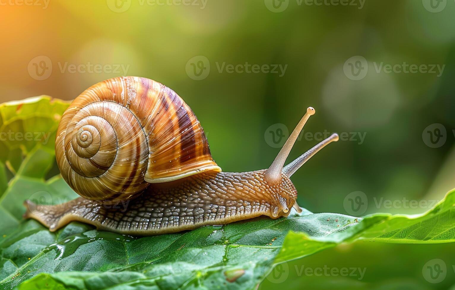 AI generated Snail crawling on the green leaf in the garden photo