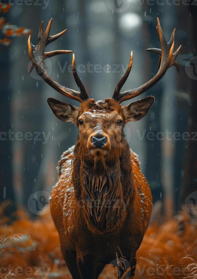 ai generado rojo ciervo ciervo con grande cuernos en el bosque durante otoño lluvia foto