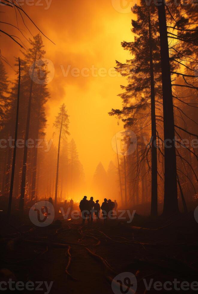 AI generated Silhouette of firefighters fighting wildfire photo