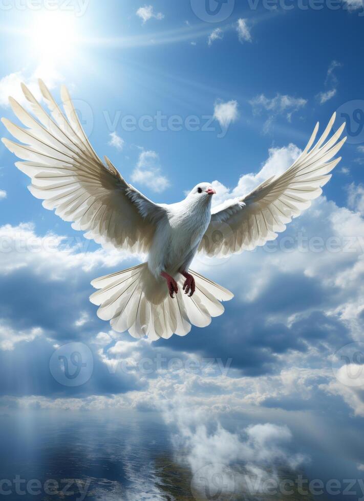 AI generated Dove in the air with wings wide open in-front of the sun photo