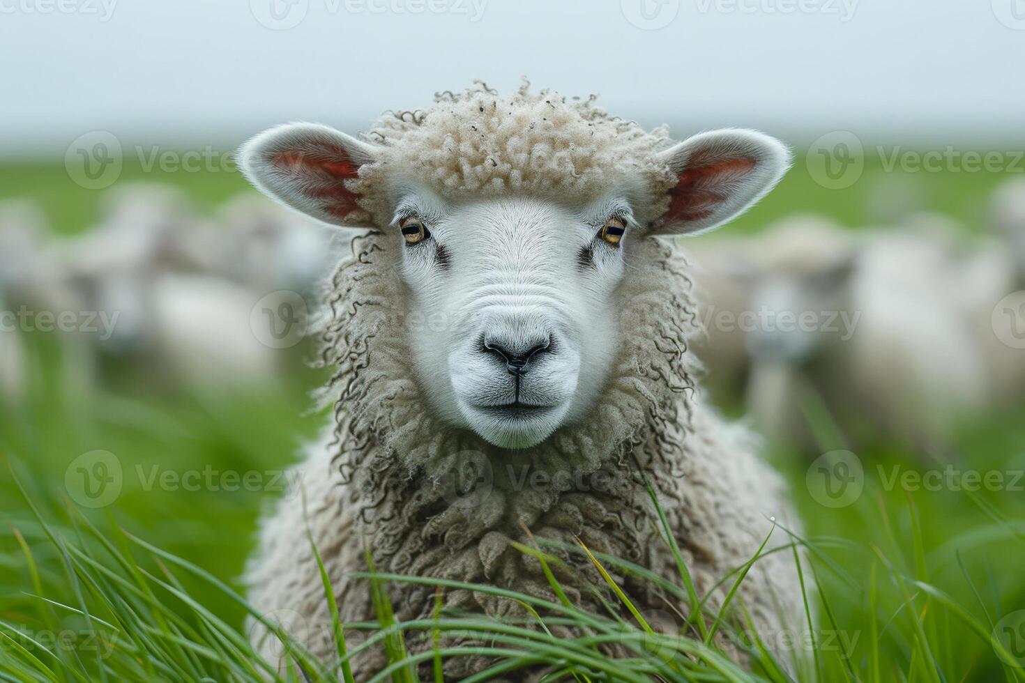 AI generated Sheep stares at the camera in field of tall grass photo