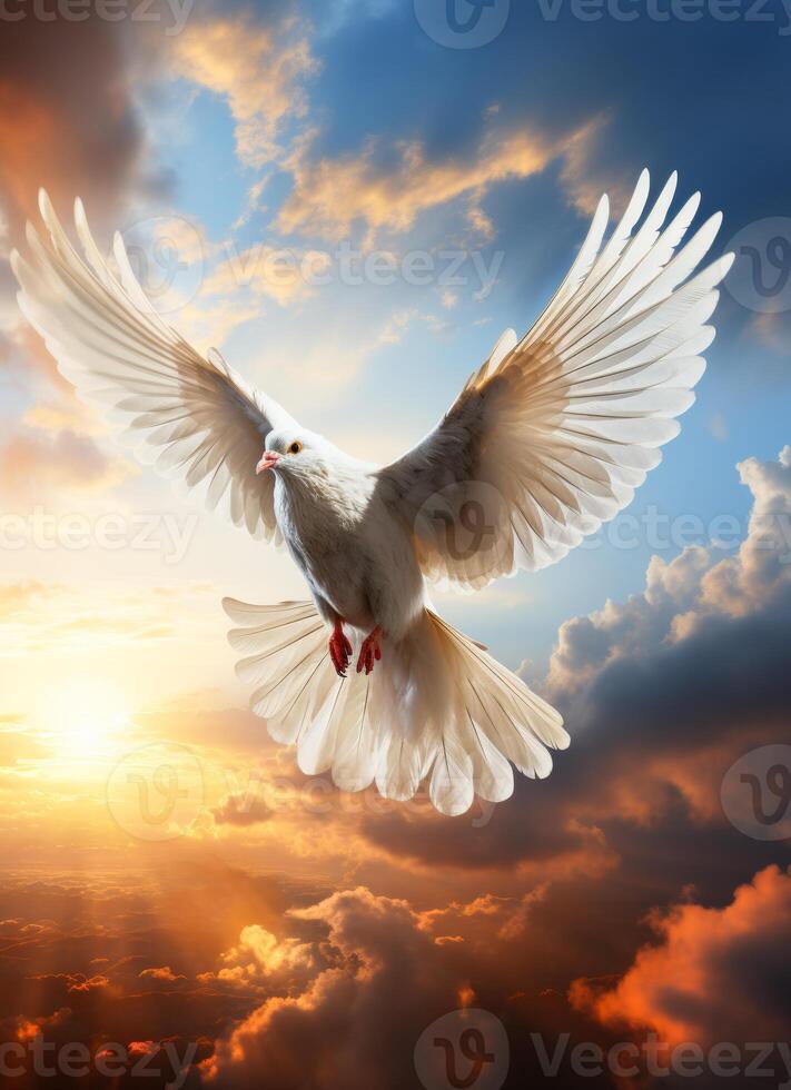 AI generated Dove in the air with wings wide open in-front of the sun photo