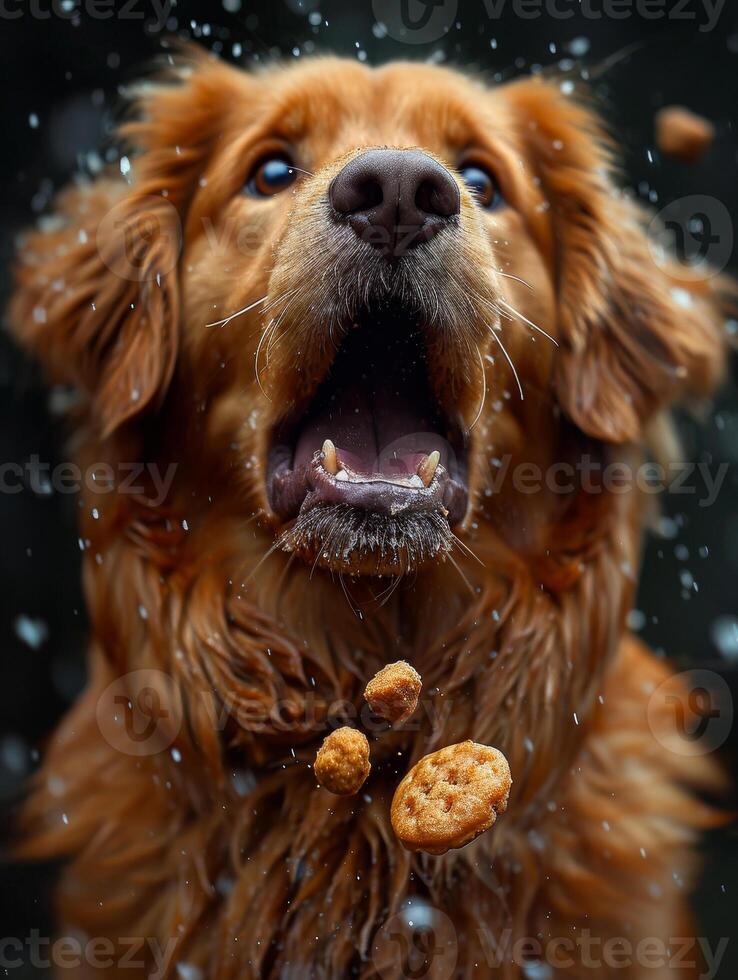 AI generated Dog is jumping to catch biscuit. A large dog catches one piece of food photo