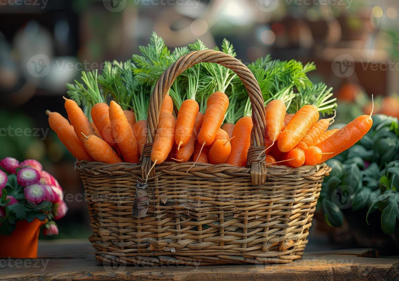 AI generated Fresh organic carrots in basket. A basket with carrots sitting on a wooden surface photo