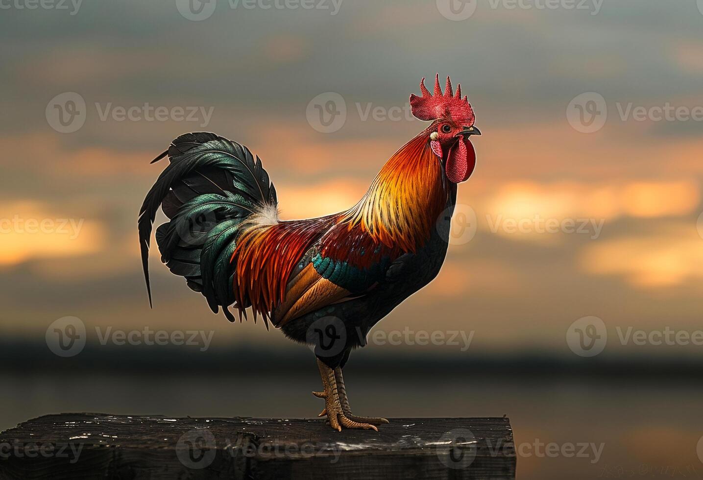 AI generated Rooster standing on wooden fence at sunset photo
