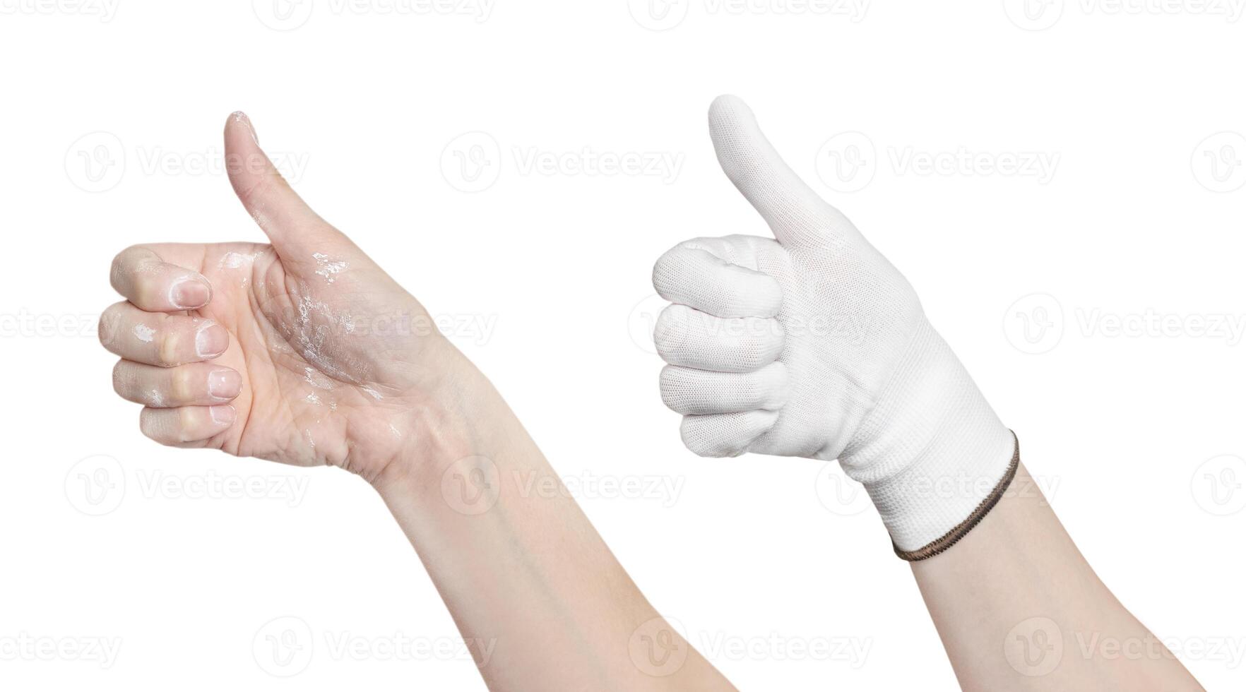 collage of hands stained with paint and hands in construction protective gloves. Using gloves when painting and repairing isolated hand thumb up photo