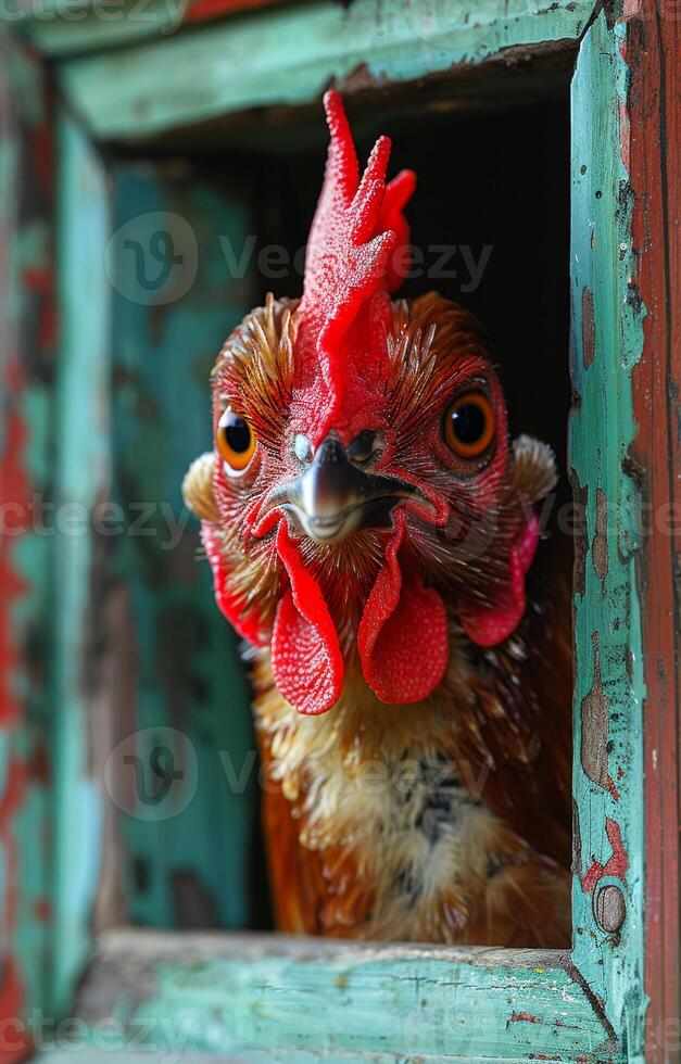 ai generado gallo mira fuera de ventana. un pollo mira fuera de un puerta foto