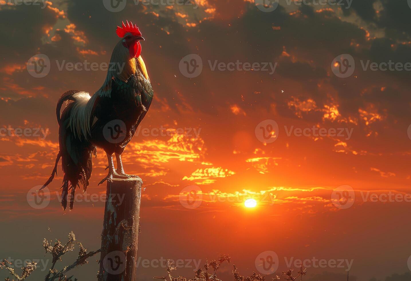 AI generated Rooster crowing on pole at sunrise photo